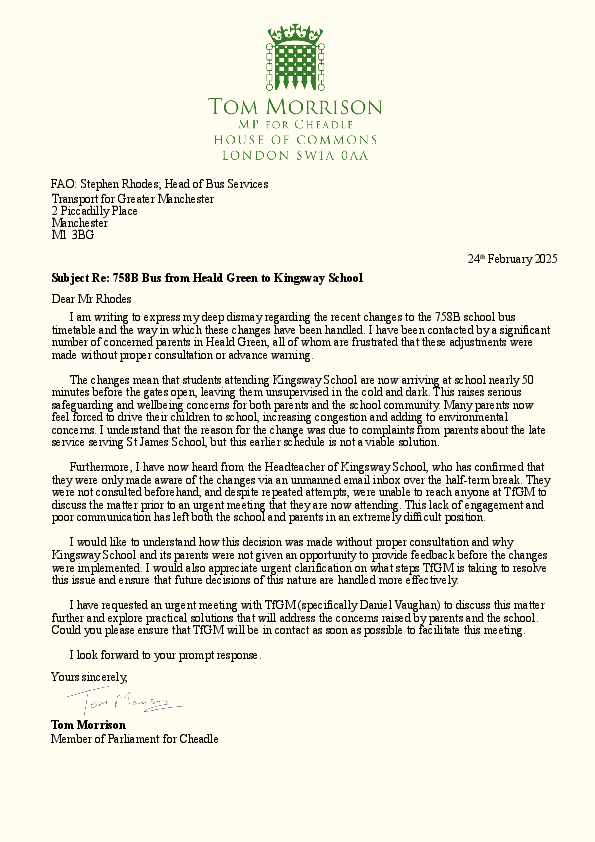 Letter to TfGM from Tom Morrison