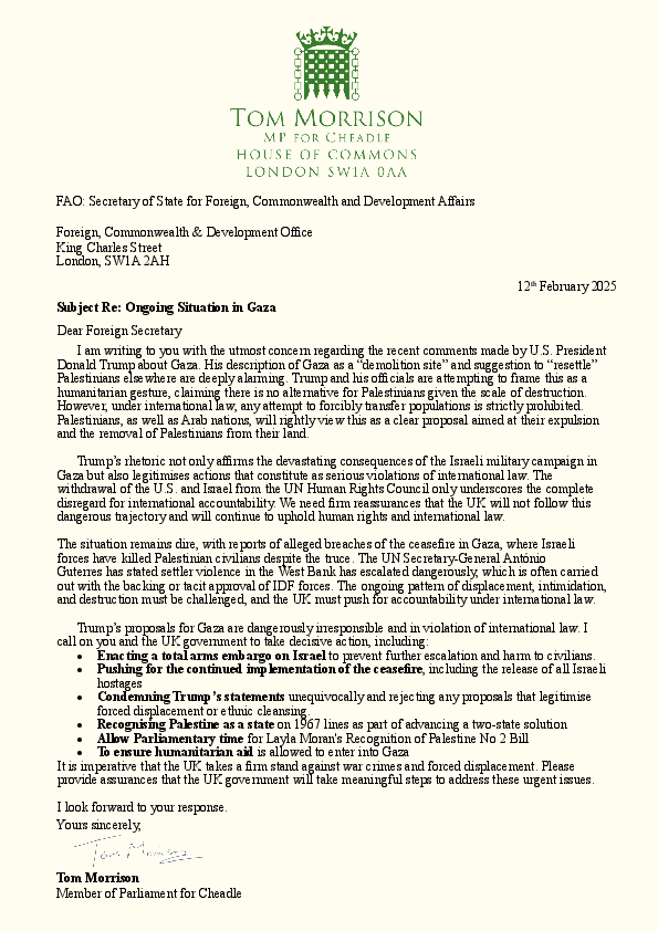 Letter from Tom Morrison MP to Foreign Secretary David Lammy MP