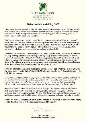 Statement from Tom Morrison MP to mark Holocaust Memorial Day 2025