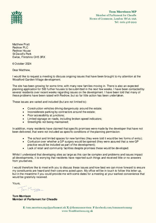 Letter to Redrow PLC re Woodford Garden Village